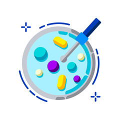 Microbiology petri dish illustration with colorful bacteria cultures and pipette in clean bright laboratory setting with blue dashed border and light blue background isolated on transparent background