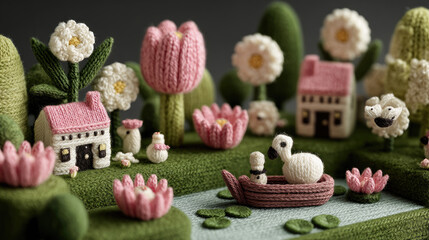 Whimsical claymation landscape: Houses, Flowers, and Swan on Pond