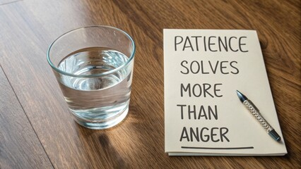 Glass of Water and Notepad with Motivational Words on Table