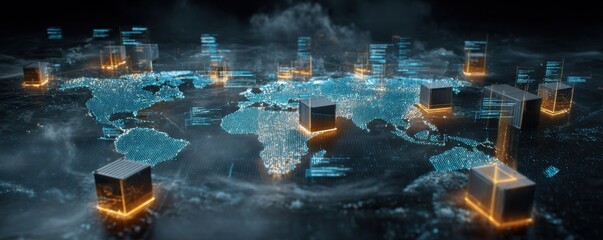 A global data concept, a world map glows with lights and hovering cubes, connecting via data streams