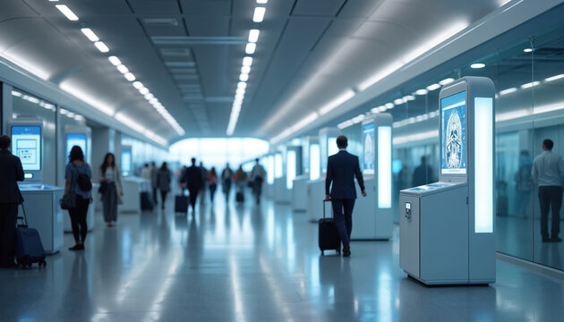 People use modern kiosks in bright airport hall. Travelers with luggage walk past interactive screens, speeding up transit. Advanced tech offers fast check-in, easy boarding. - Powered by Adobe