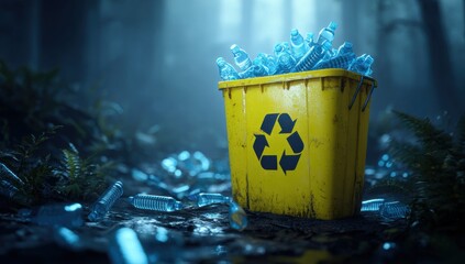 A yellow recycling bin overflowing with plastic water bottles, in a lush, verdant forest setting