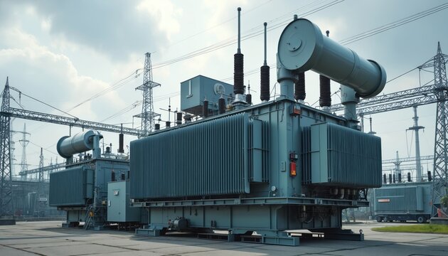 Large industrial power transformers at electrical substation. High voltage equipment for electricity distribution. Energy infrastructure for power generation, supply. Electric power plant with