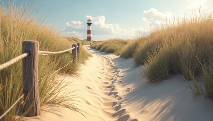 Sand dune path leads to lighthouse. Tall grass grows along wooden post fence. Footprints mark way to destination. Calm tranquil beach scene with blue sky. Generative AI stock photo.