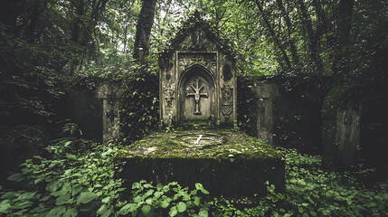 A cemetery with a stone cross and a stone building