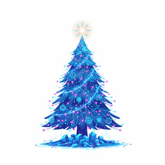 Obraz premium A vibrant digitally illustrated christmas tree adorned with sparkling blue lights and a glowing star on top set against a clean white background evoking holiday cheer and festive spirit