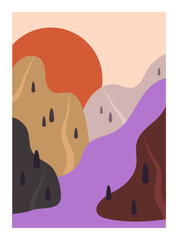 Abstract minimalist landscape with sun, hills, and river