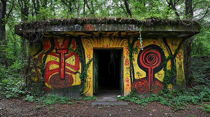 A building with graffiti on it has a yellow door