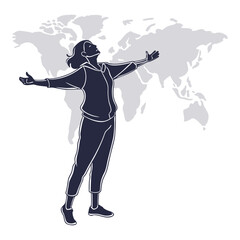 Print Person in vr headset with arms outstretched against a world map background