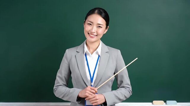 A friendly Asian female teacher in a professional suit smiles warmly while holding a pointer in front of a classroom chalkboard