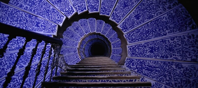 Mysterious Blue Tiled Spiral Staircase Descending into Darkness. - Powered by Adobe