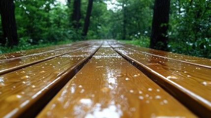Wet wooden boardwalk path through lush green forest.