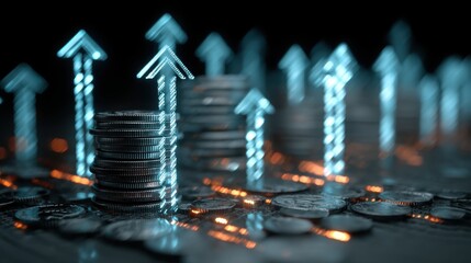 Glowing Arrow Symbols Rising Amidst Stacked Coins Representing Financial Growth and Investment Success in a Digital Economy