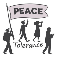 Print Diverse group marching for peace and tolerance holding a banner