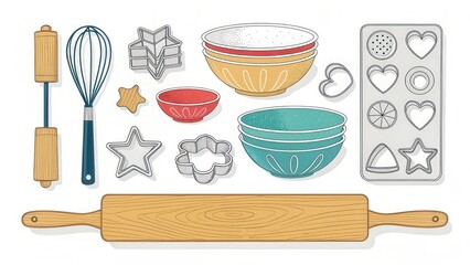 Detailed Illustration of Kitchen Tools for Baking and Cooking