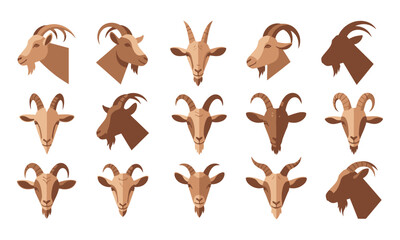 Collection of Goat Head Silhouettes from Various Angles Vector Illustrations