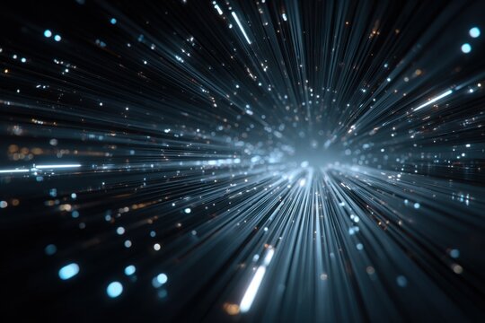 Abstract tunnel of light streaks and particles converging to a bright center point - Powered by Adobe