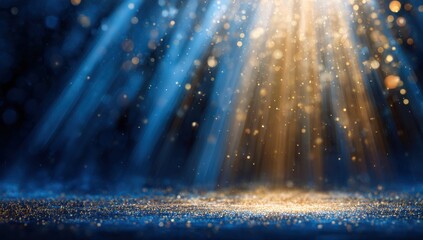 Abstract golden light beams illuminate a blue, hazy background with sparkling particles
