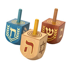 Three colorful dreidels with hebrew letters on a black background