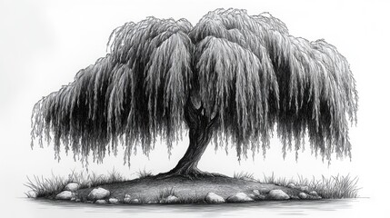 Weeping willow tree drawing, grayscale, isolated on white background.