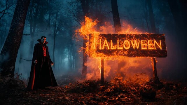 Video cinematografico di un vampiro in piedi nella foresta immersa nella nebbia notturna vicino alla scritta infuocata Halloween. L&rsquo;atmosfera oscura e inquietante richiama il genere horror e fantasy