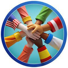 Diverse hands unite in a circle of global friendship and cooperation