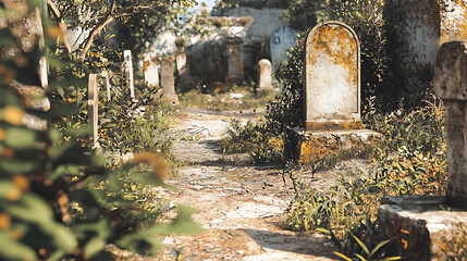 A cemetery with a stone headstone and a few other headstones