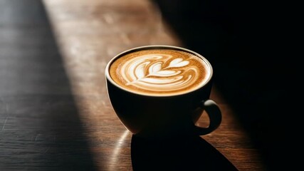 A beautifully crafted latte art in a white cup placed on a wooden table with soft lighting - Powered by Adobe