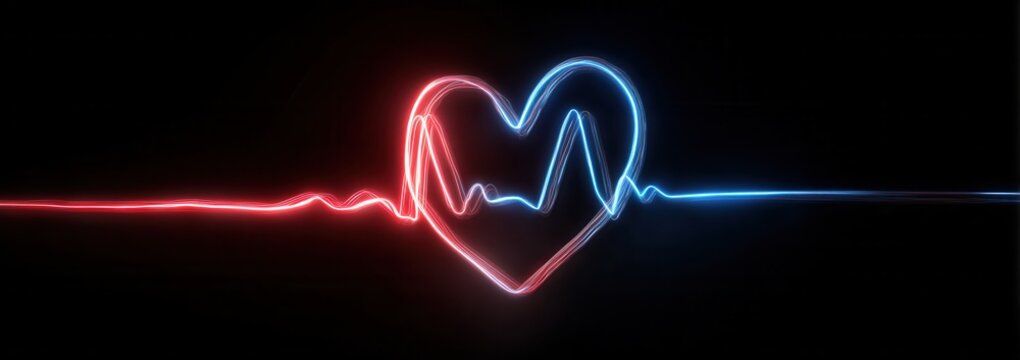 A glowing heart shaped design. The symbol is a two-color neon depiction of a heart beat on black background - Powered by Adobe