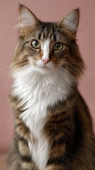 Fluffy cat with big eyes poses charmingly against a pastel pink background, showcasing its adorable features and soft fur