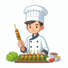 A friendly cartoon chef in a white uniform holding a delicious grilled skewer with meat and vegetables, preparing more skewers on a wooden tray with various dipping sauces.