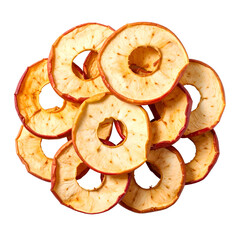 Close-up of dried apple slices, overlapping in a small pile against black