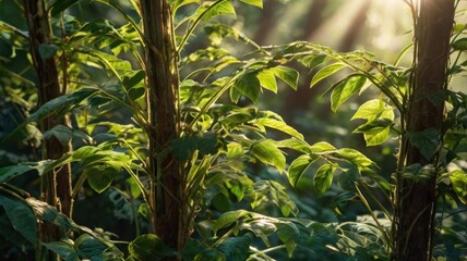 Obraz premium Sunlight filters through the leaves of young trees in a forest, creating a bright and vibrant scene.