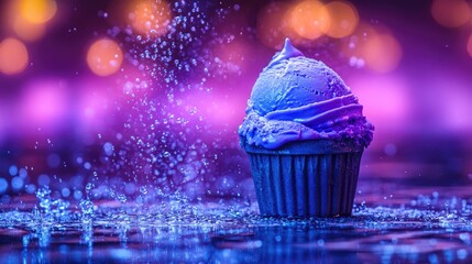 Vibrant purple ice cream cupcake with water splash, bokeh background.