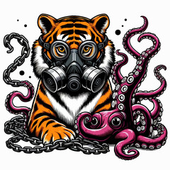 A stylized graphic illustration of a tiger wearing a gas mask next to a pink octopus with heavy chains.