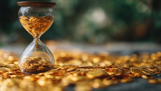 An hourglass with golden grains, resting amongst a bed of gold coins, against a soft, green bokeh