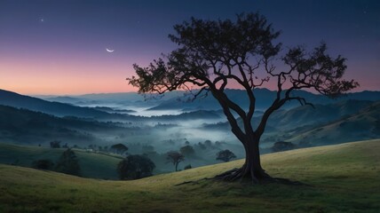Obraz premium A lone tree stands silhouetted against a misty valley at dawn.