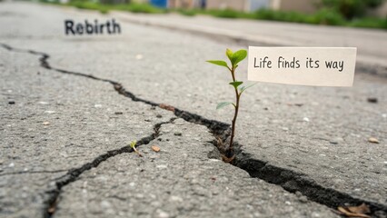Small Sapling Growing Through Cracked Asphalt Representing Rebirth
