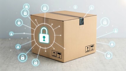 Cardboard Box with Glowing Padlock Symbols and Digital Elements