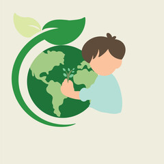 Child planting trees hugging the Earth, green eco world concept, environmental protection, save the planet, love nature, sustainable life, eco-friendly lifestyle, kid caring for trees, global ecology