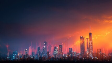 Naklejka premium City skyline at sunset with vibrant colors and abstract patterns representing growth and progress in business, finance, and technology in urban life