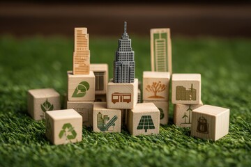 Wooden blocks, some with tiny skyscraper models atop, sit on synthetic green grass