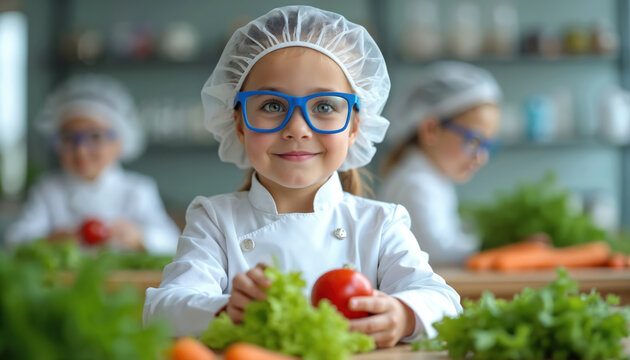 Little girl in chef uniform prepares fresh salad in kitchen. Child with glasses holds tomato lettuce smiling. Food education concept. Kids cook in school lab. Food safety concept.