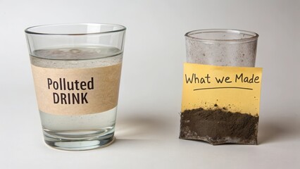 Glass with Dirty Water Labeled as Polluted Drink on a Table