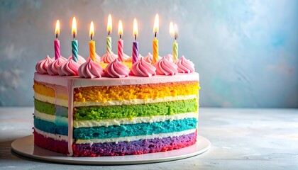 A celebratory cake, showcasing a rainbow-layered design with pastel-colored frosting and lit candles atop. Presented on a white plate, the colorful dessert stands out