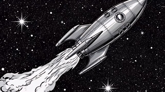 Vintage rocket ship ascending through starry night sky vector illustration