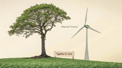 Single Tree Beside Wind Turbine in Silhouette with Text Labels