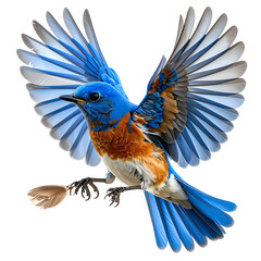 Vivid bluebird with wings outstretched in flight, carrying a golden leaf