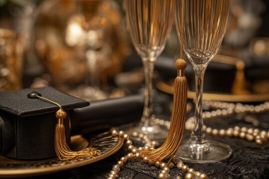 Elegant close-up scene of graduation themed table setting, with champagne glasses, tassel, and pearls