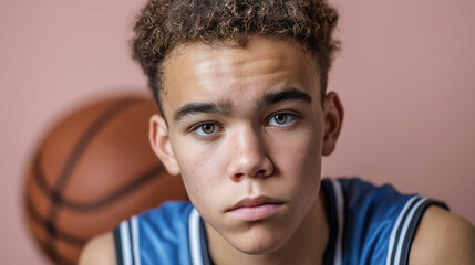 Young male basketball player portrait with serious expression, wearing blue jersey, curly hair, and basketball in background, indoor setting, focused mood